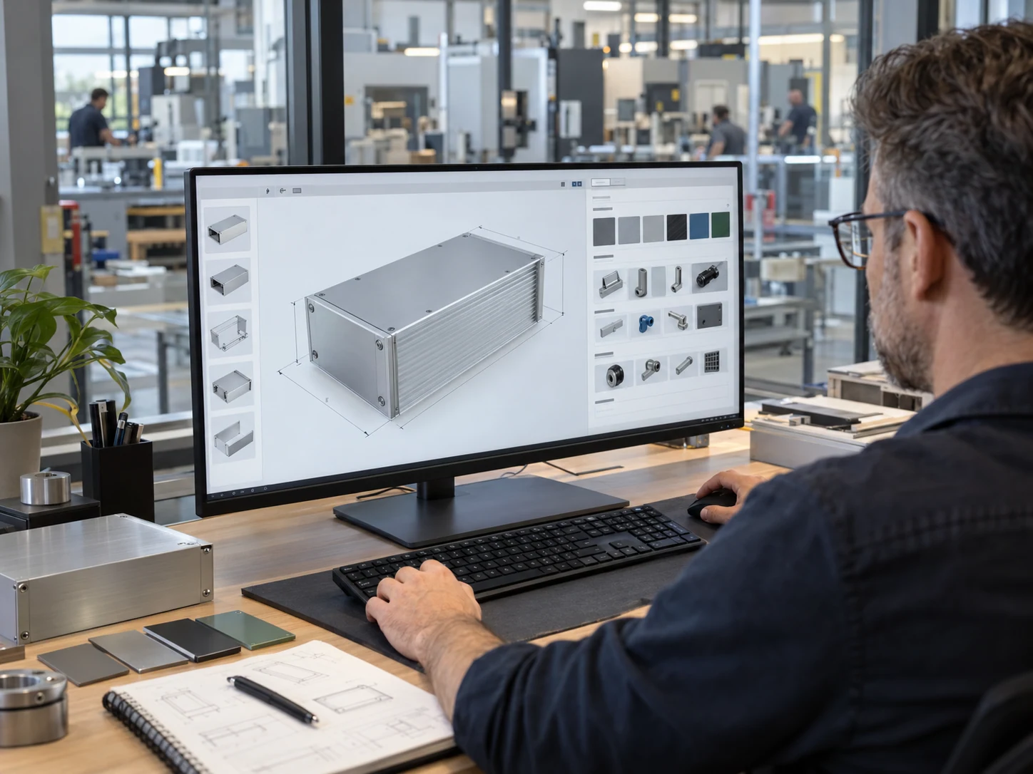 Ein Produktingenieur konfiguriert neben einer modernen deutschen Werkhalle ein Aluminium-Industriegehäuse in 3D.
