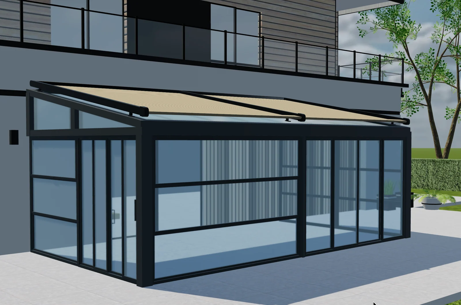 3D-Vorschau eines verglasten Gartenraums mit dunklem Rahmen und cremefarbener Dachabdeckung an einem Haus.