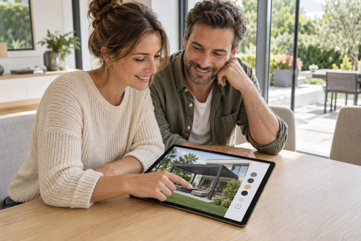 Illustrative Szene: Zufriedene Kunden planen ihre Pergola online mit einem interaktiven 3D-Konfigurator auf einem Tablet.