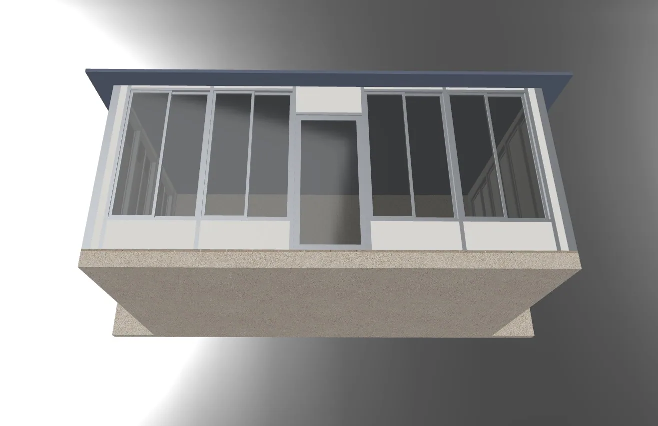 Wintergartenmodell von unten vor der Fassade, mit Eingang, Glasfeldern und Sockel.
