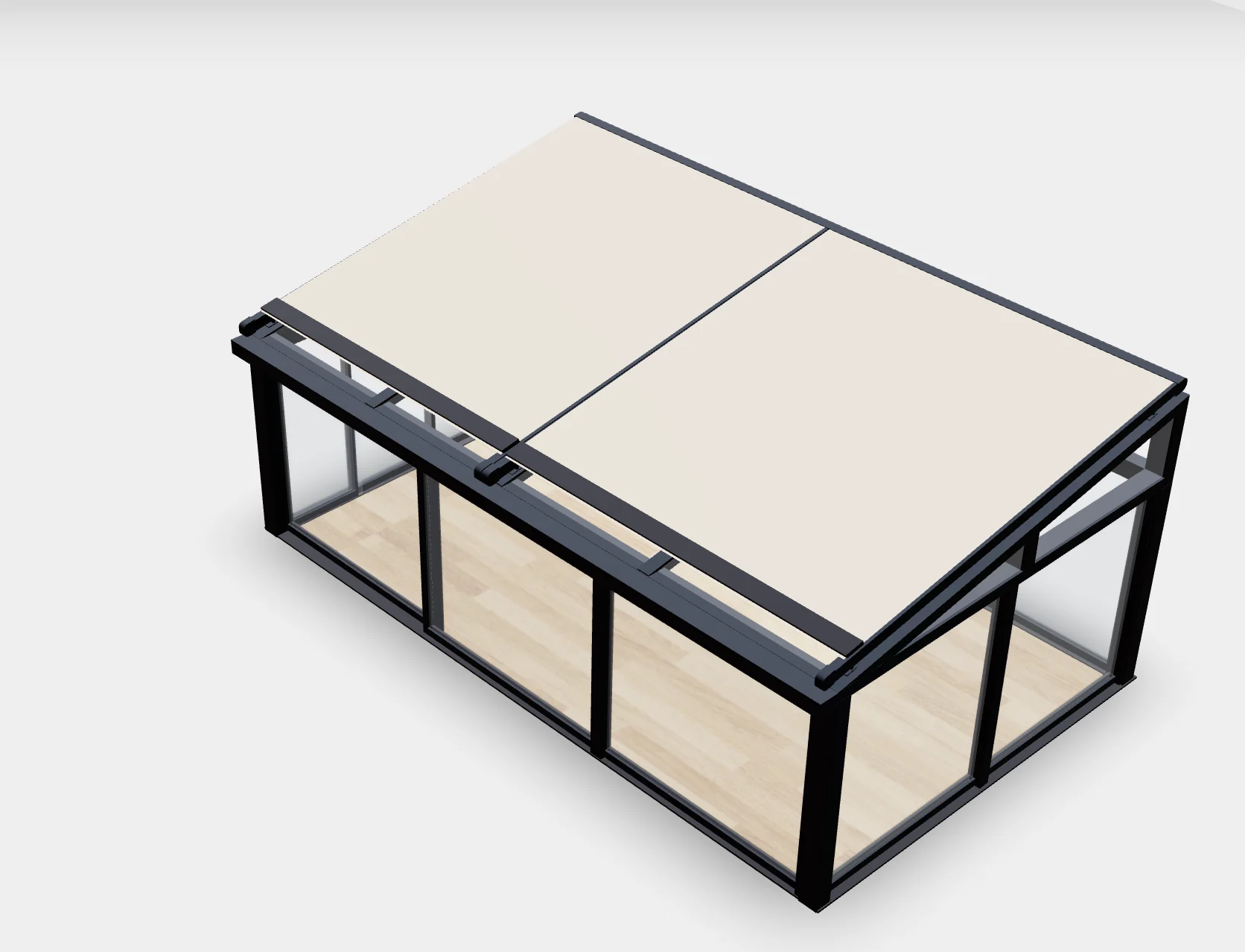 3D-Konfigurator für Veranden und Glasdächer 3D-Konfiguratoransicht einer maßgefertigten Veranda mit gerahmten Dachfeldern und Glasschiebewänden.